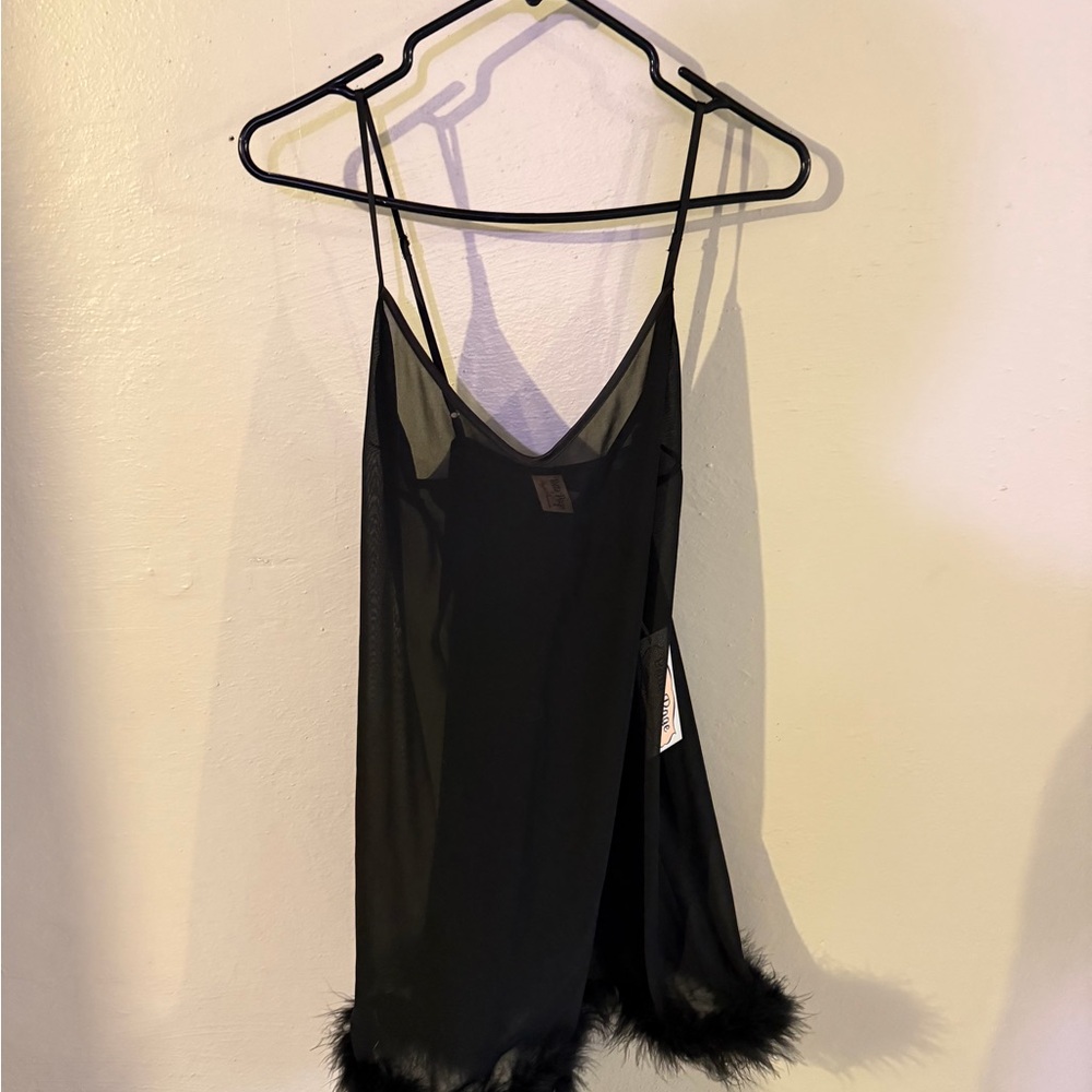 Bettie Page Black Sheer Chemise with Feather Detail
